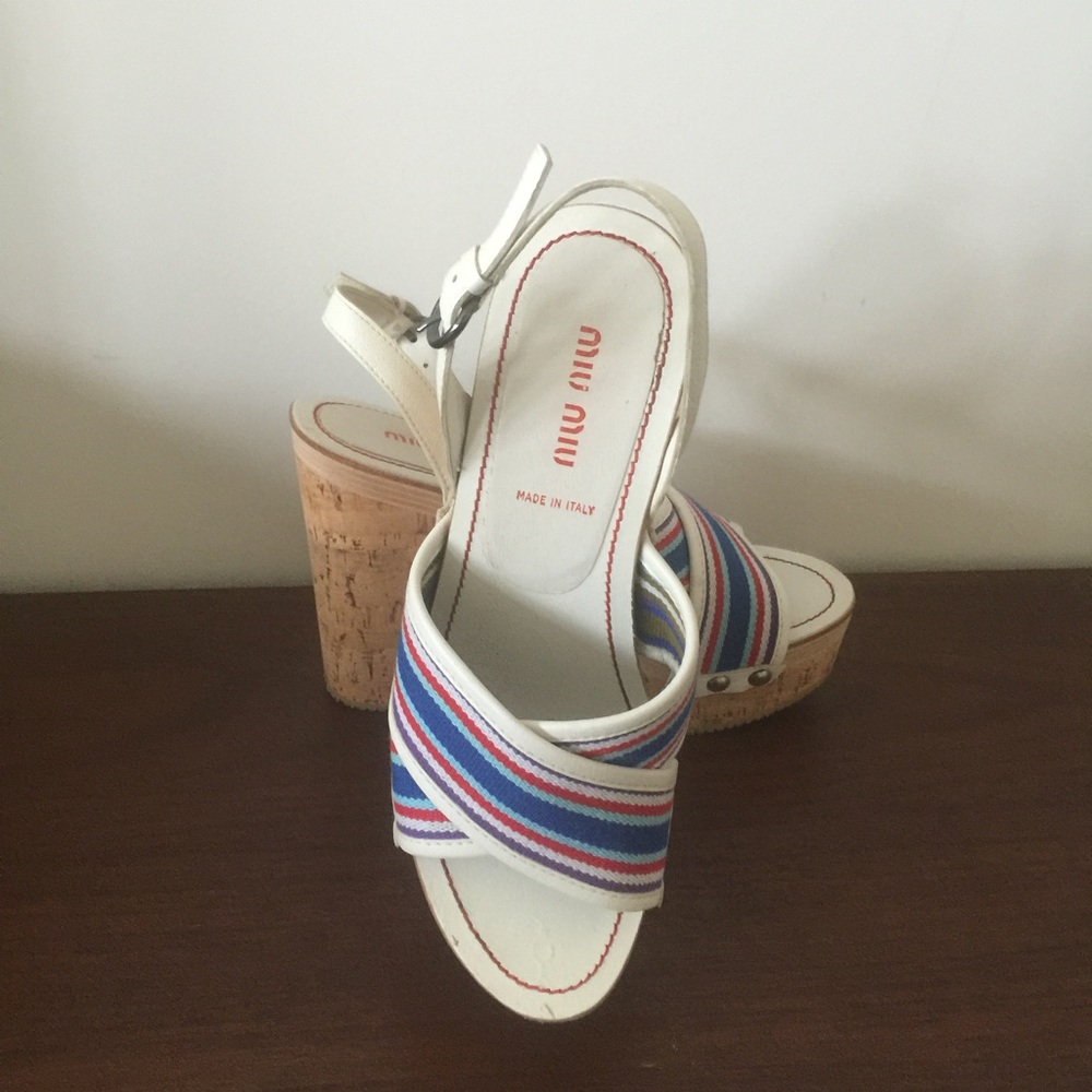 Miu Miu White and Blue Striped Wedges